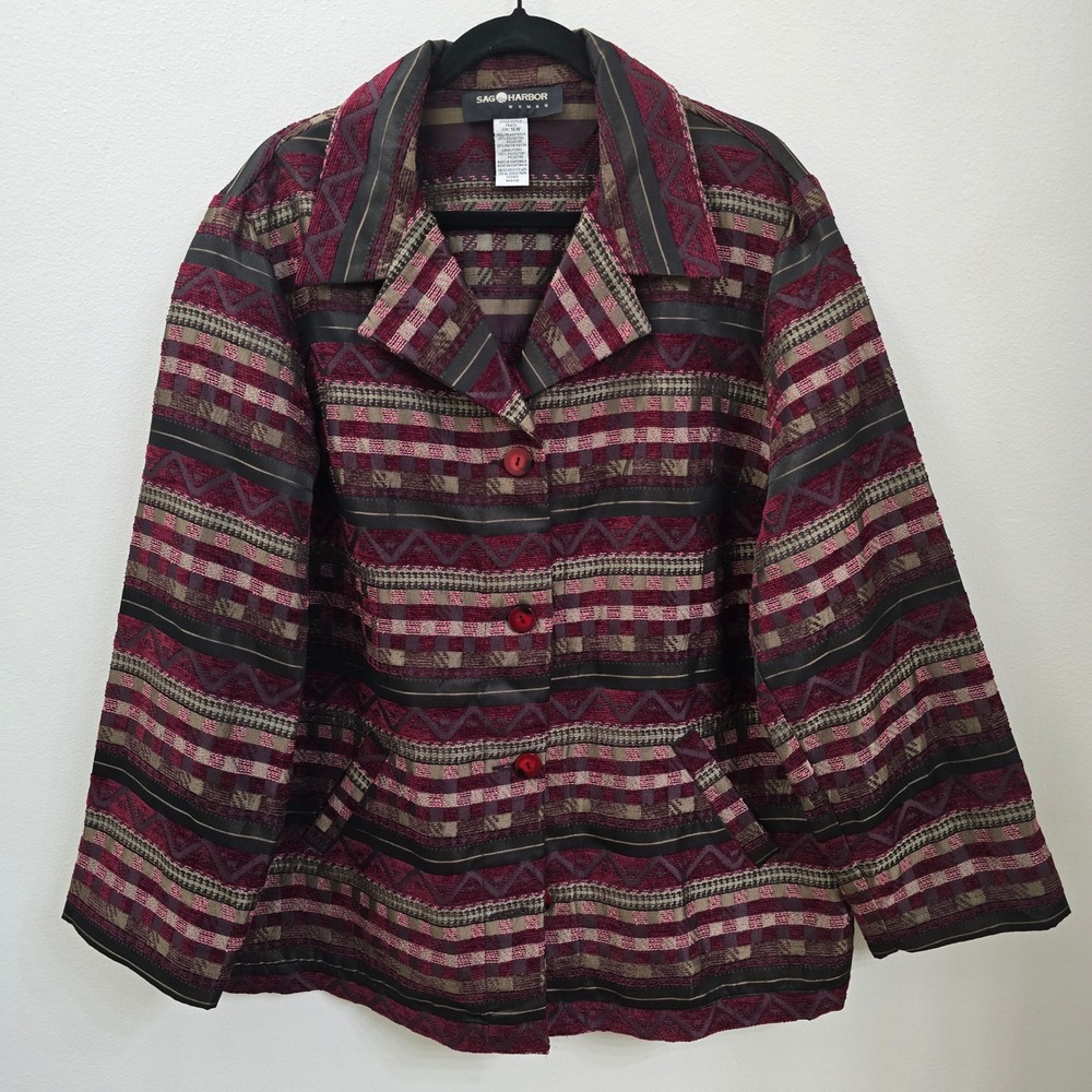 Sag Harbor Woman Geometric Tapestry Jacket Burgundy Black‎ 16W Boho Blazer